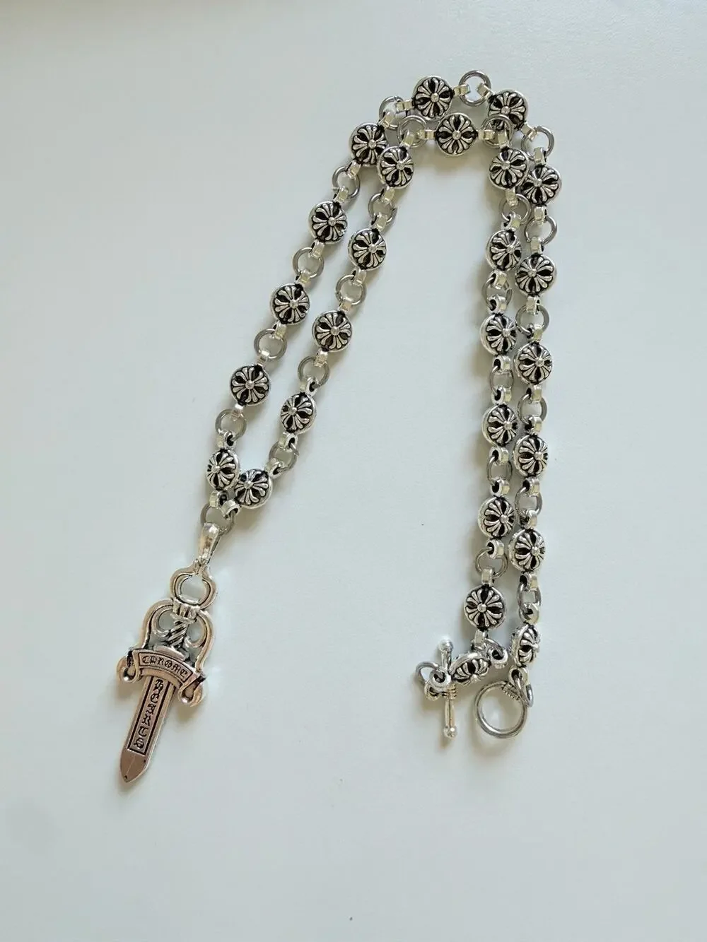 CH style chrome silver cross sword dagger necklace 60cm